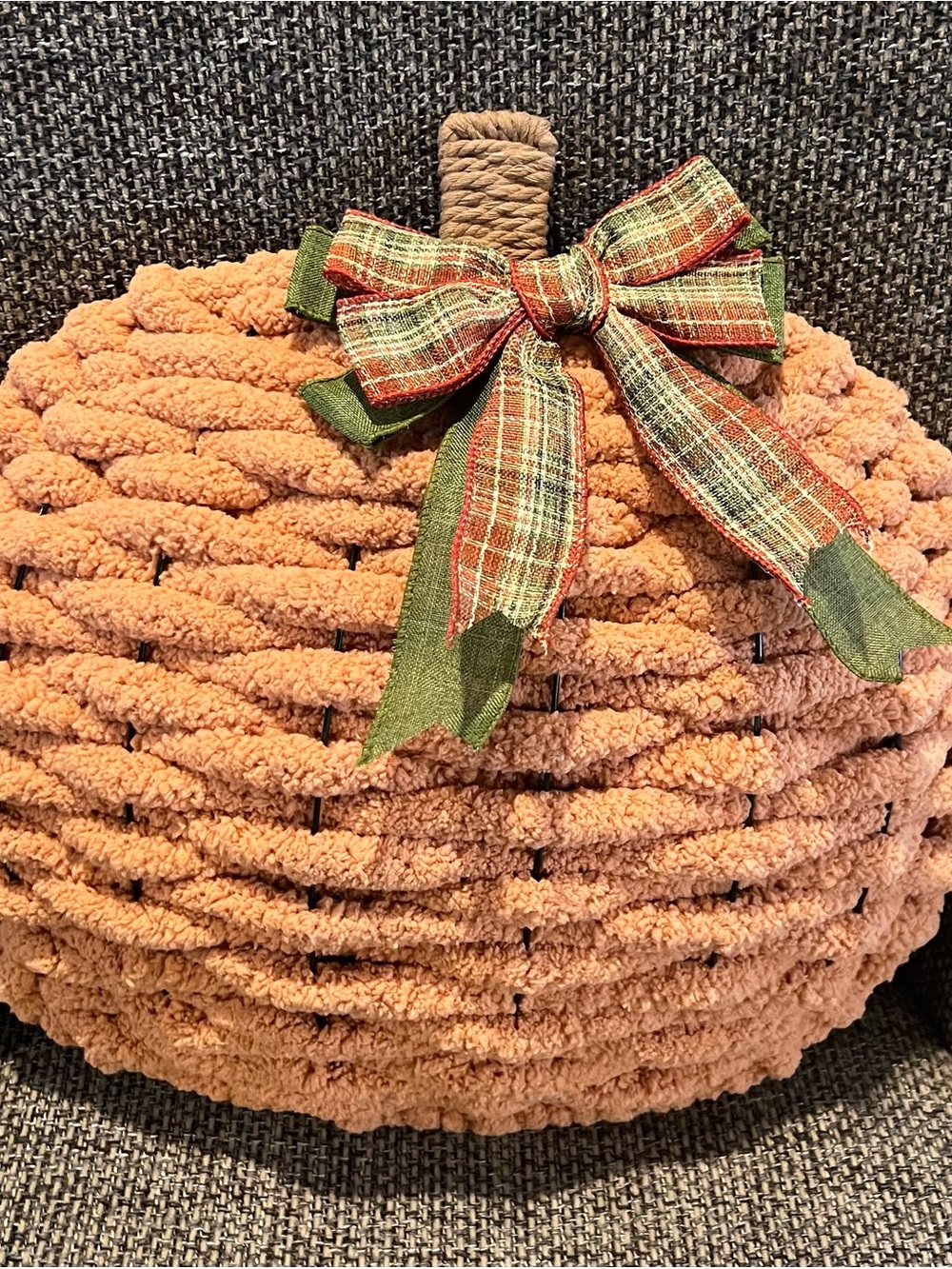 Cozy Orange Yarn Plush Pumpkin with Plaid Bow - Home Fall Decor
